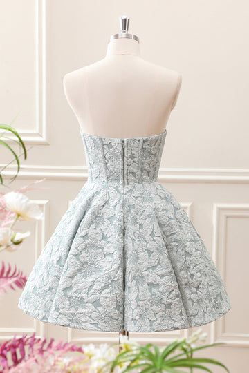 Grey Green A-Line Strapless Corset Floral Mini Dress